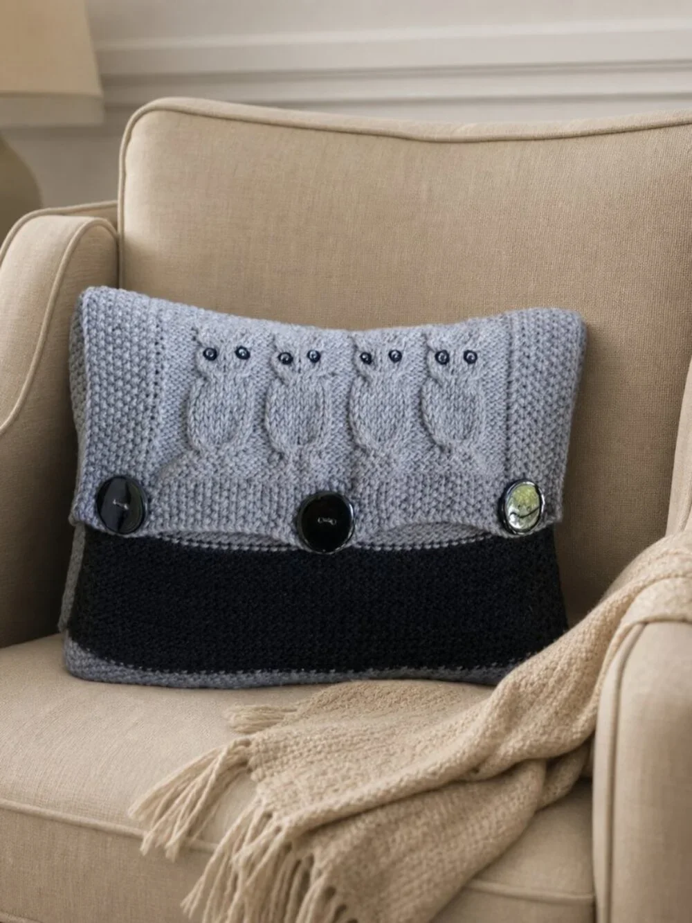 Hand Crafted Knit Throw Pillow Black & Gray Ombre Owl Designer Sofa Couch